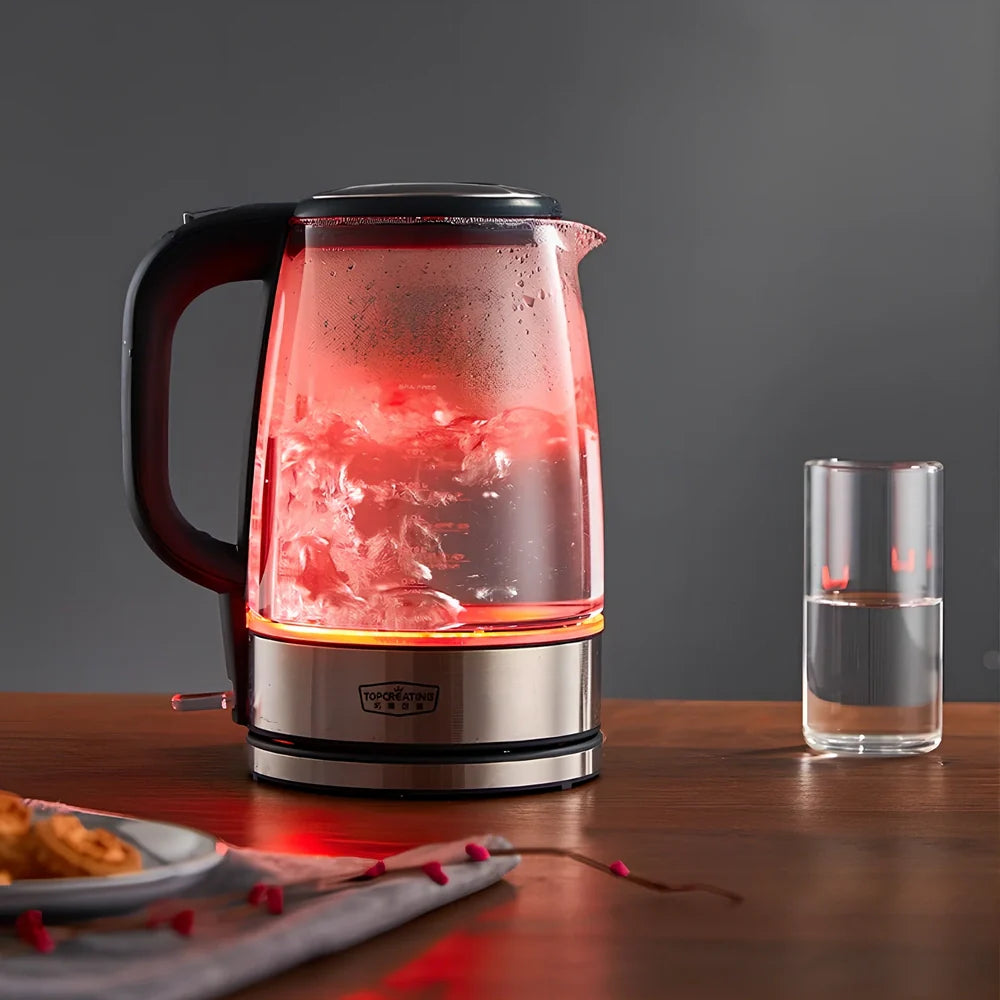 1.7L borosilicate glass electric kettle with 1800W heating, scale window, and push-button lid, dimensions 25.8x20x15cm