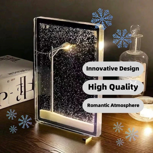 Enchanting DIY snowy night light with warm LED lighting, creating a cozy winter wonderland atmosphere