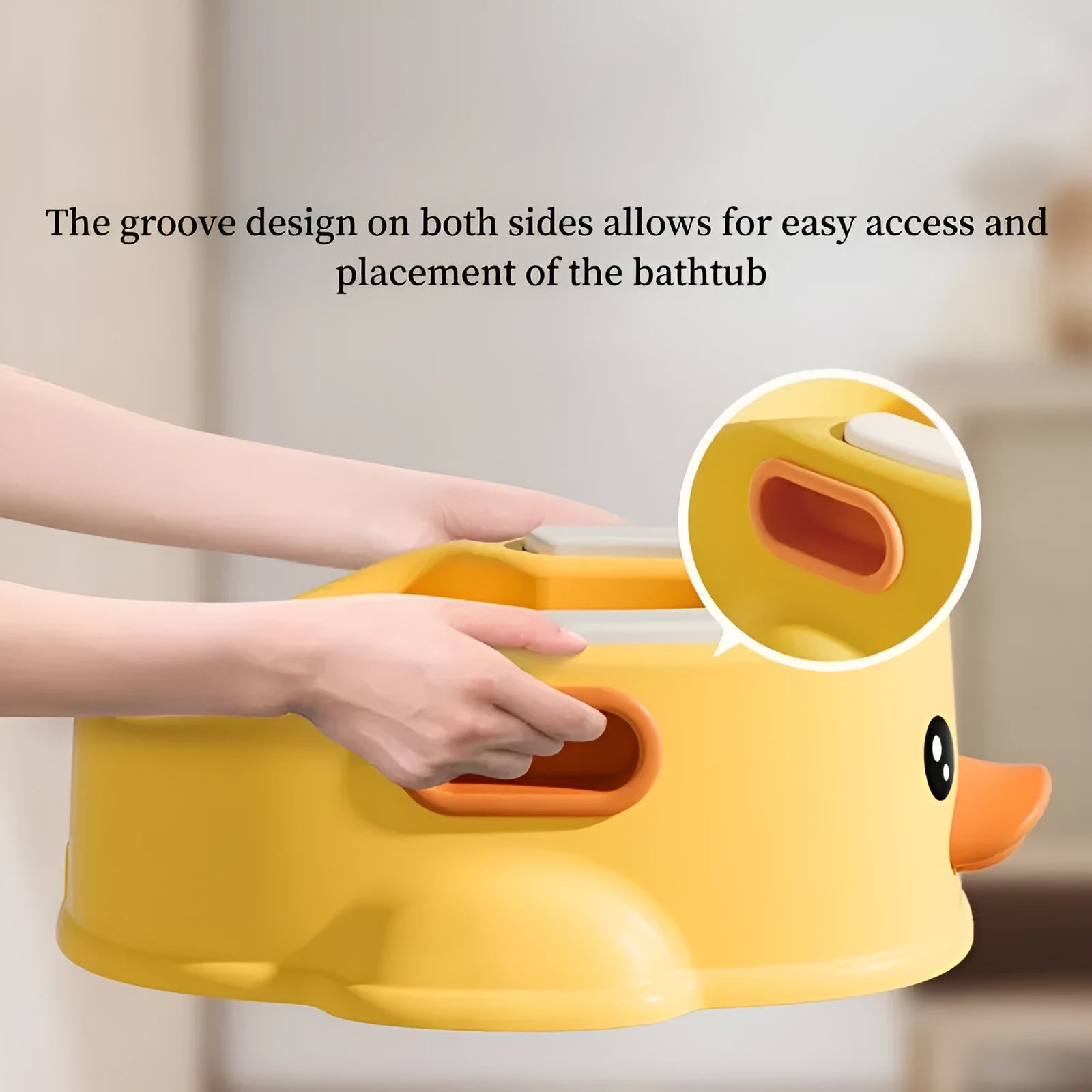 Blue PVC duck-shaped bathtub for washing a small dog, shown on a tiled floor.