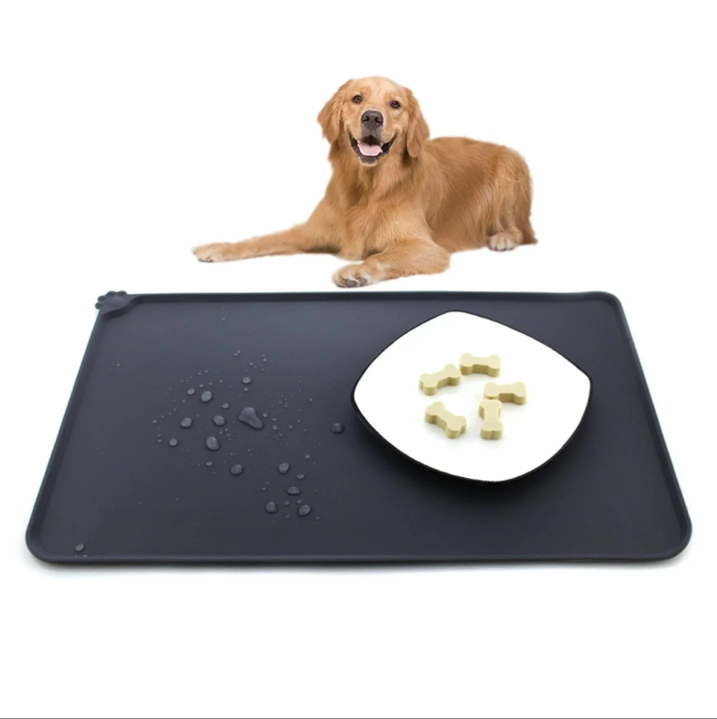 Premium silicone pet food mat with raised edges to contain splashes and spills, suitable for dogs and cats