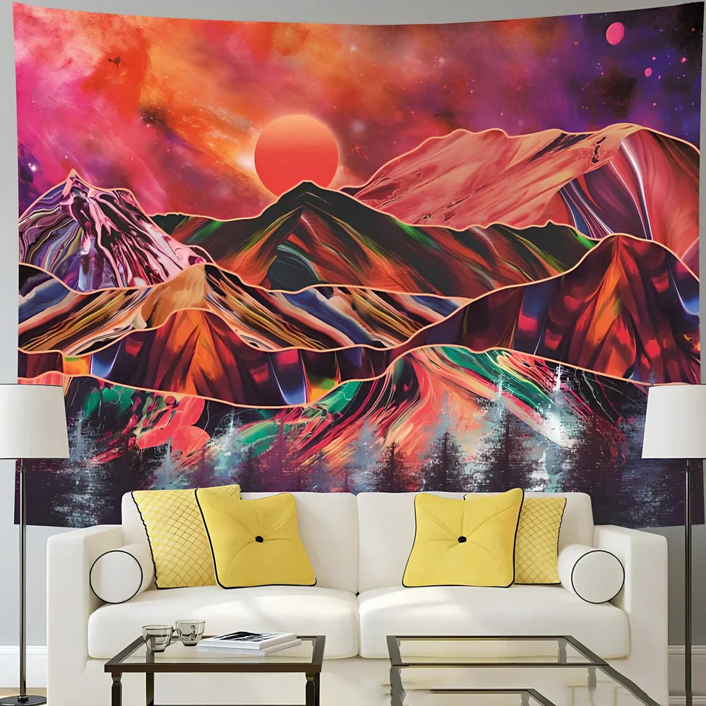 Bohemian psychedelic sunset pattern tapestry blanket in polyester, 150x100cm short plush size, machine woven for dorm walls