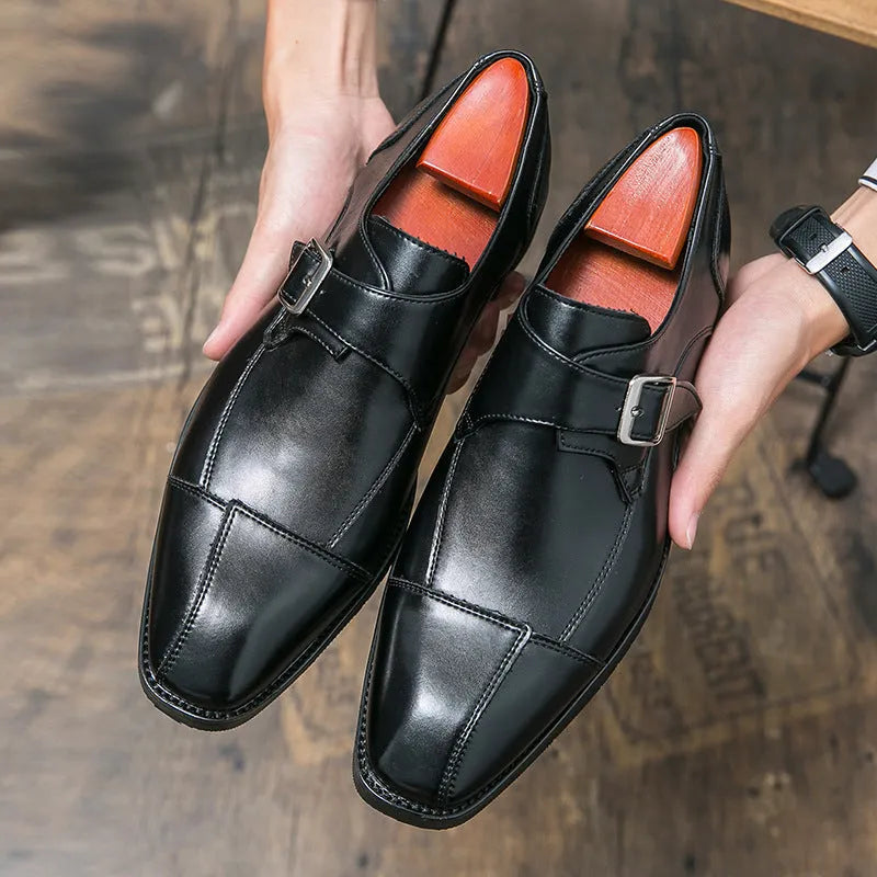 Men's brown blue and black retro-style casual leather shoes with a tall crown microfiber upper.