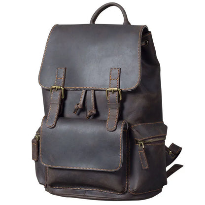 Retro brown genuine cowhide leather backpack with shoulder straps and a top handle.