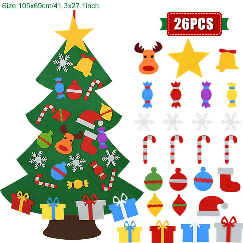 DIY felt Christmas ornaments showing 9 colour sections on 110cm wide material with 18-piece design kits