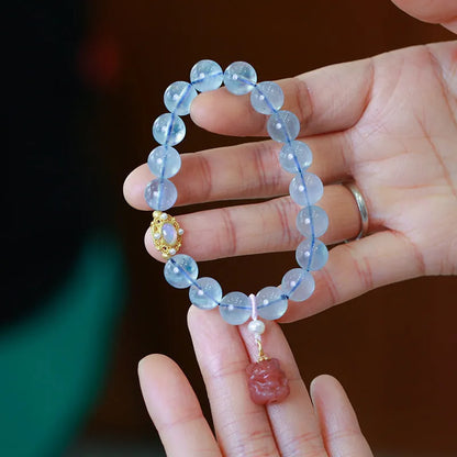 Handmade DIY aquamarine and pink crystal bracelet with Chinese Fox charm for women