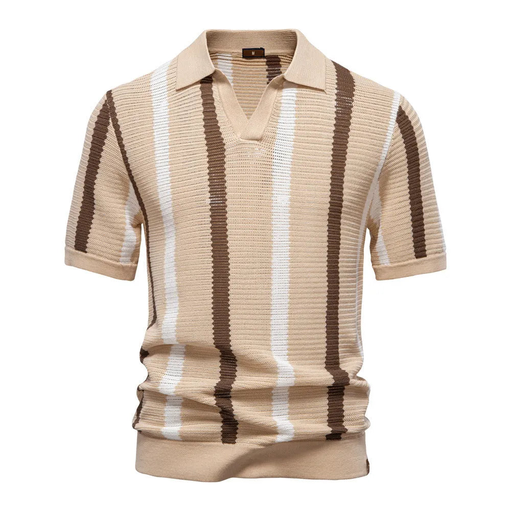 Men's breathable hollow stripe polo shirt sweater in chemical fibre blend fabric for business wear