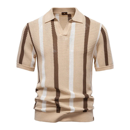 Men's breathable hollow stripe polo shirt sweater in chemical fibre blend fabric for business wear
