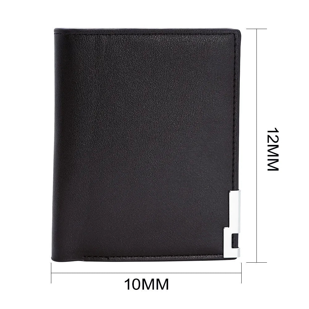 Men's leather wallet with zipper closure, presented in individual packaging.