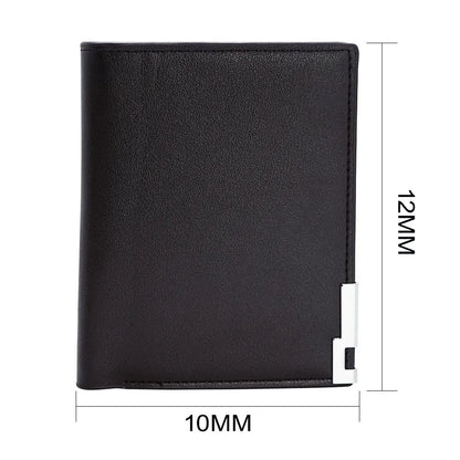 Men's leather wallet with zipper closure, presented in individual packaging.