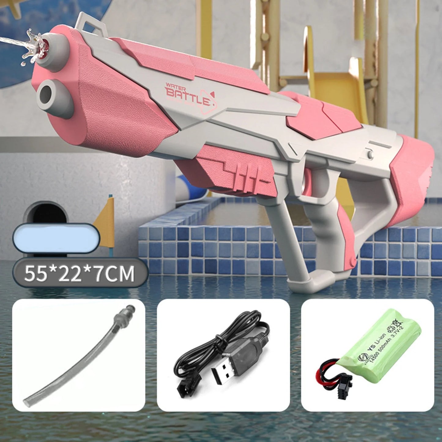 Electric Space Water Gun in blue and pink with USB charging cable