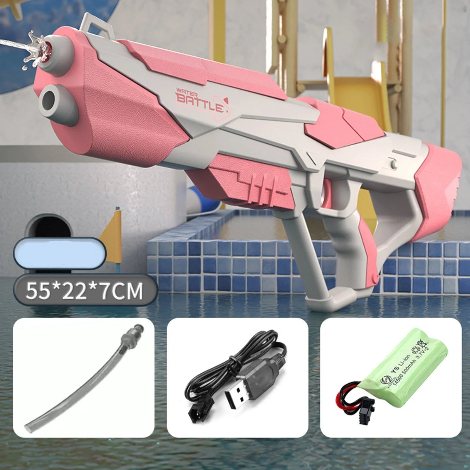 Electric Space Water Gun in blue and pink with USB charging cable