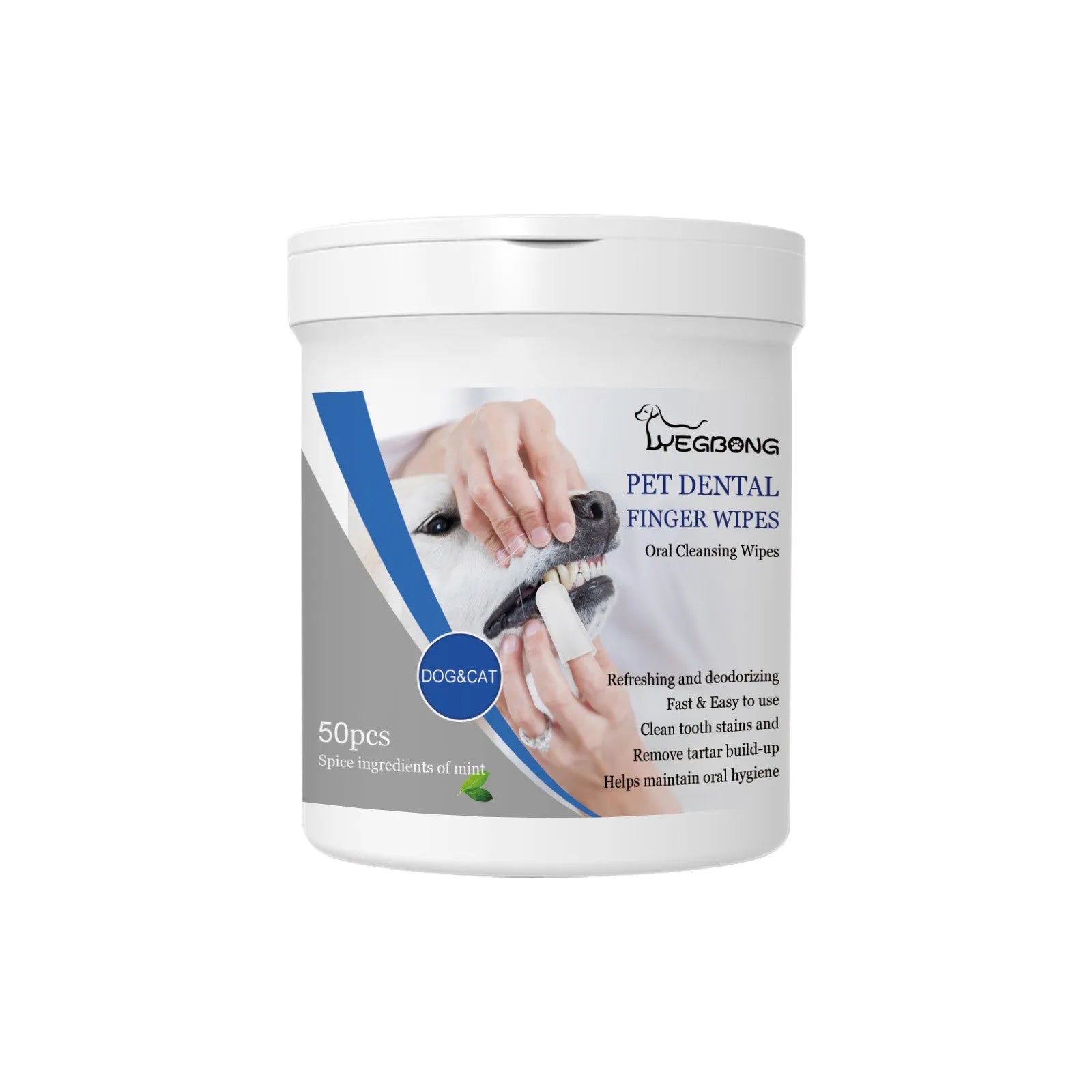 Dog dental cleaning finger wipes in can with finger stall applicator design for canine oral care