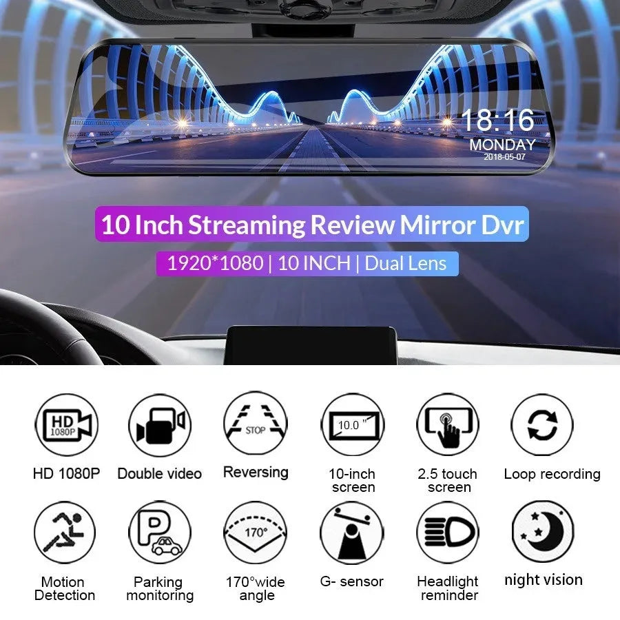 Car rearview mirror camera with 9.88 inch touch screen, 1080p recording, WiFi and motion detection, 34cm x 12cm x 6cm