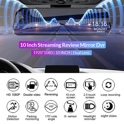 Car rearview mirror camera with 9.88 inch touch screen, 1080p recording, WiFi and motion detection, 34cm x 12cm x 6cm