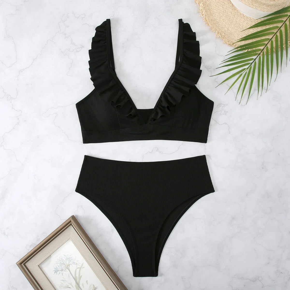 Women's retro striped split chest bikini swimsuit on a hanger