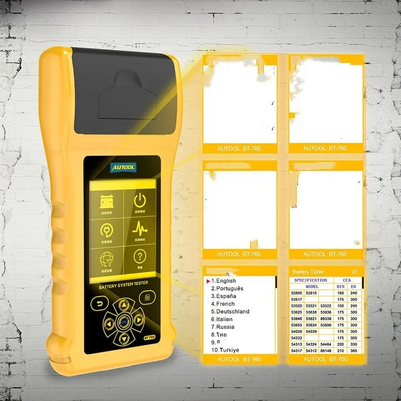 Autool BT760 vehicle battery tester with colour screen, test clips, and printed diagnostic receipt on a workshop bench.
