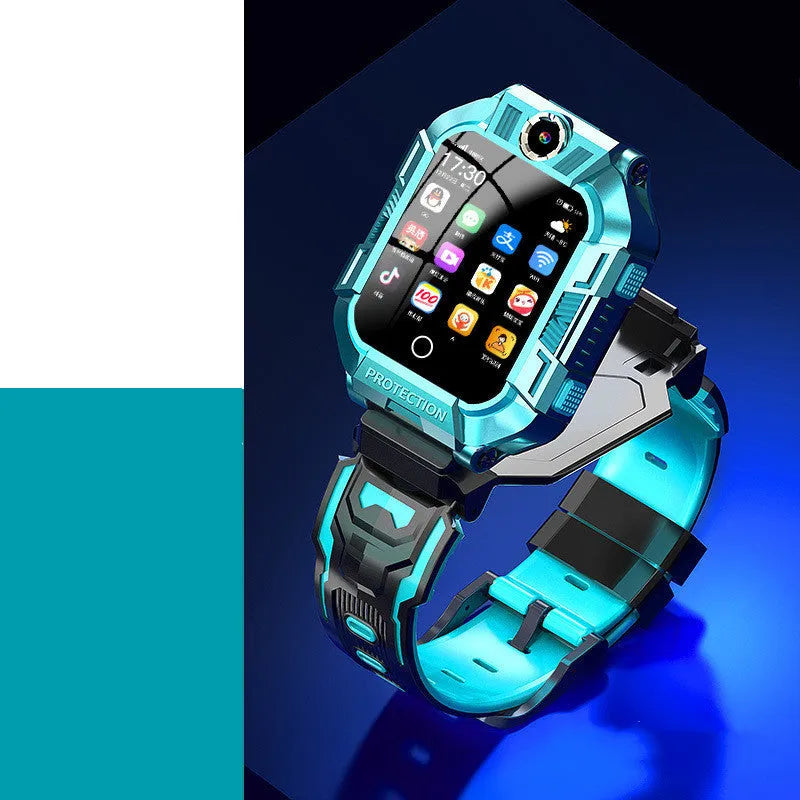 Green children's smartwatch phone with GPS on a silicone wristband, showing touchscreen and camera.