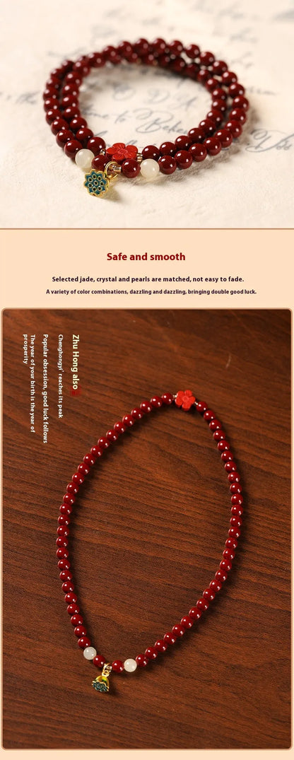 Purple gold sand hand-woven bracelet with double circle design and cinnabar beads
