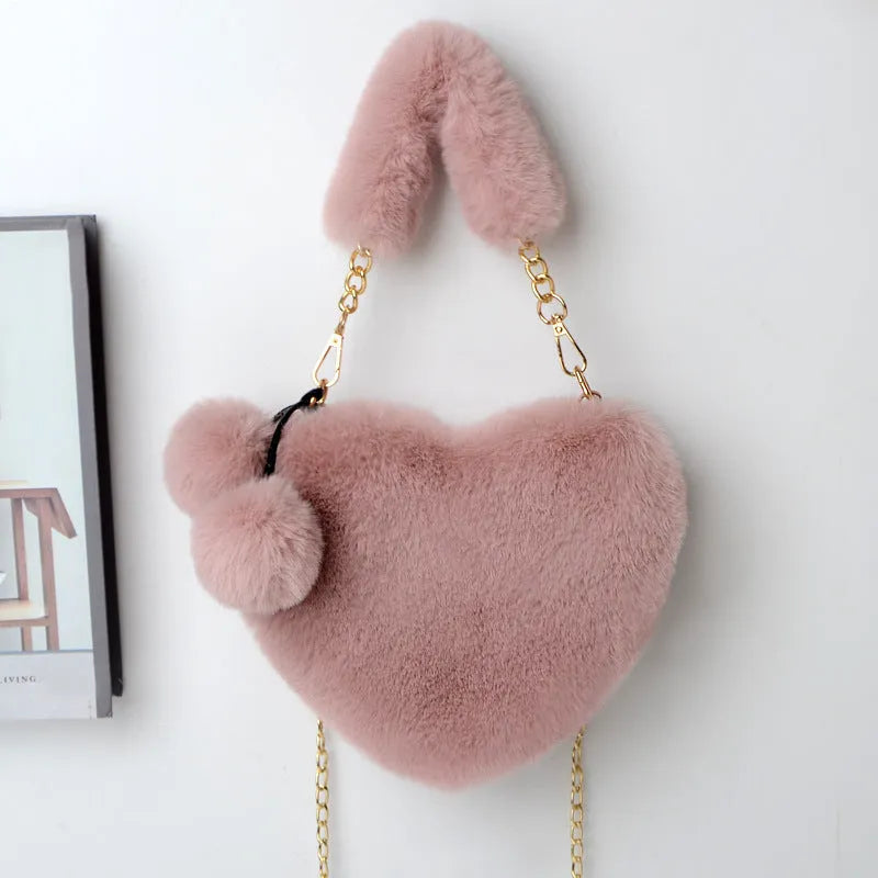 Plush heart-shaped women's handbag in medium size with removable shoulder strap