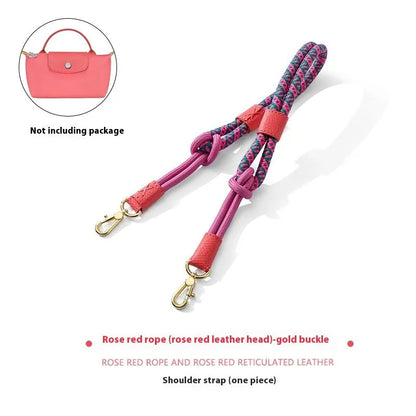 Braided rope and leather shoulder strap with a metal buckle in gold or silver finish