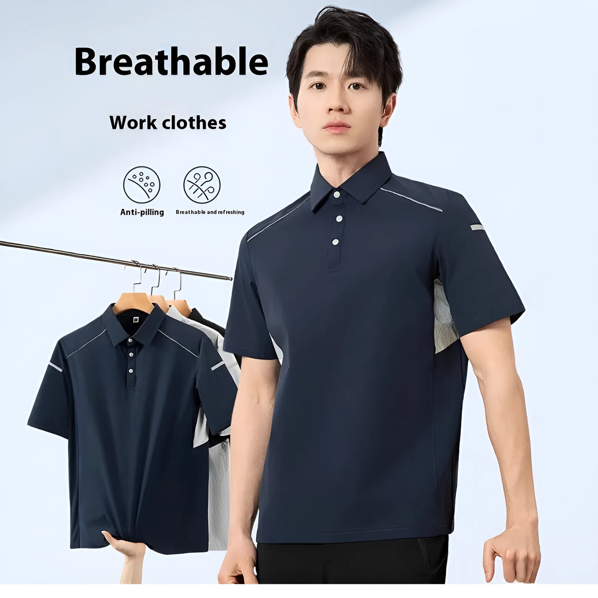Man wearing a solid colour quick-dry work shirt with short sleeves and ice feeling technology.