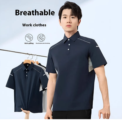 Man wearing a solid colour quick-dry work shirt with short sleeves and ice feeling technology.