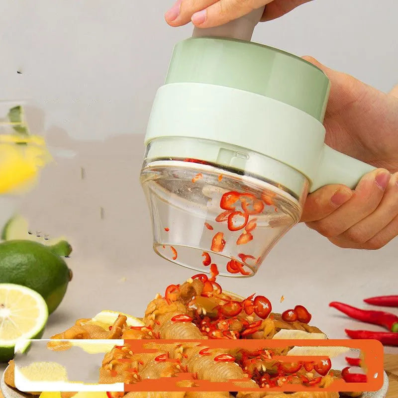 Wireless electric garlic masher and slicer combo, plastic body, 18.5cm x 13.1cm x 9.38cm, with Type-C cable and manual.