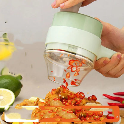 Wireless electric garlic masher and slicer combo, plastic body, 18.5cm x 13.1cm x 9.38cm, with Type-C cable and manual.