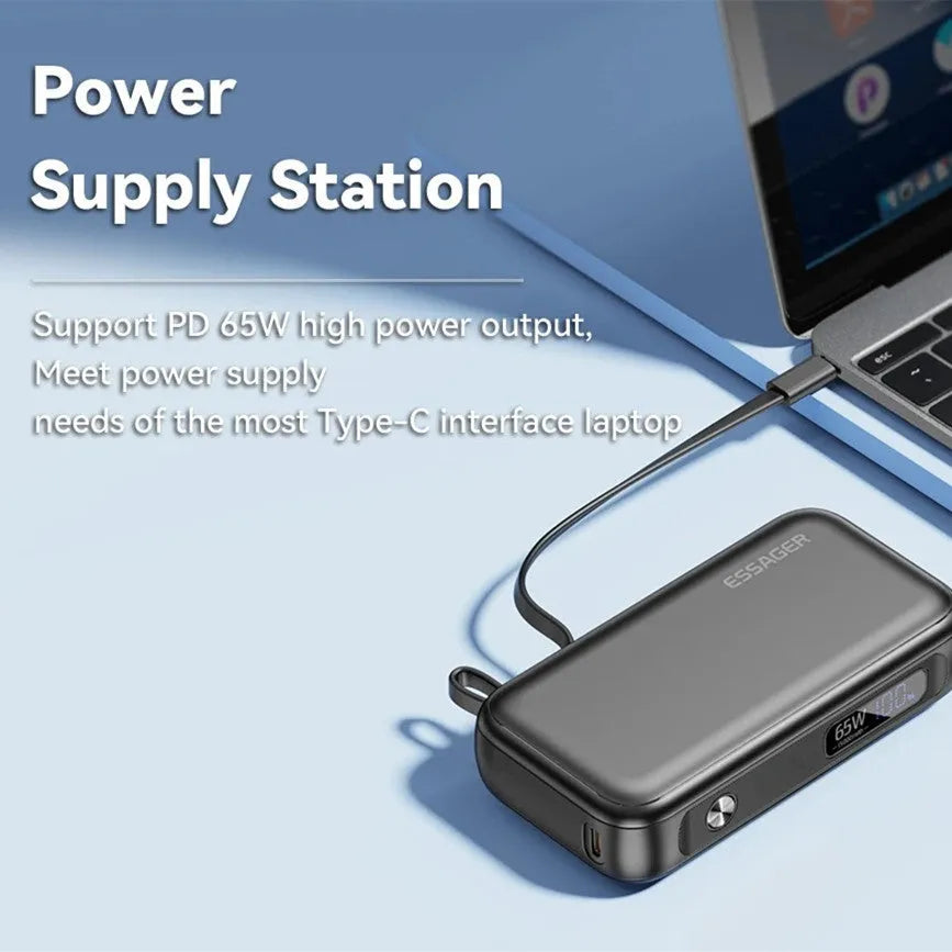 Black 15000mAh power bank with digital display, 65W Type-C output, 60W input, and USB-A port