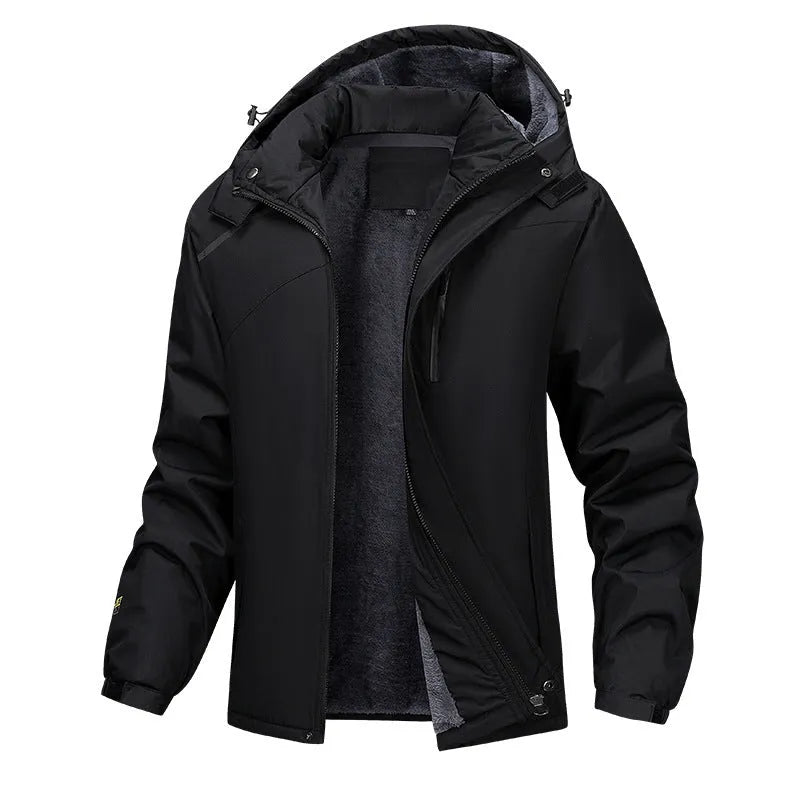 Plus size men's hooded waterproof coat in polyester, shown in army green colour.