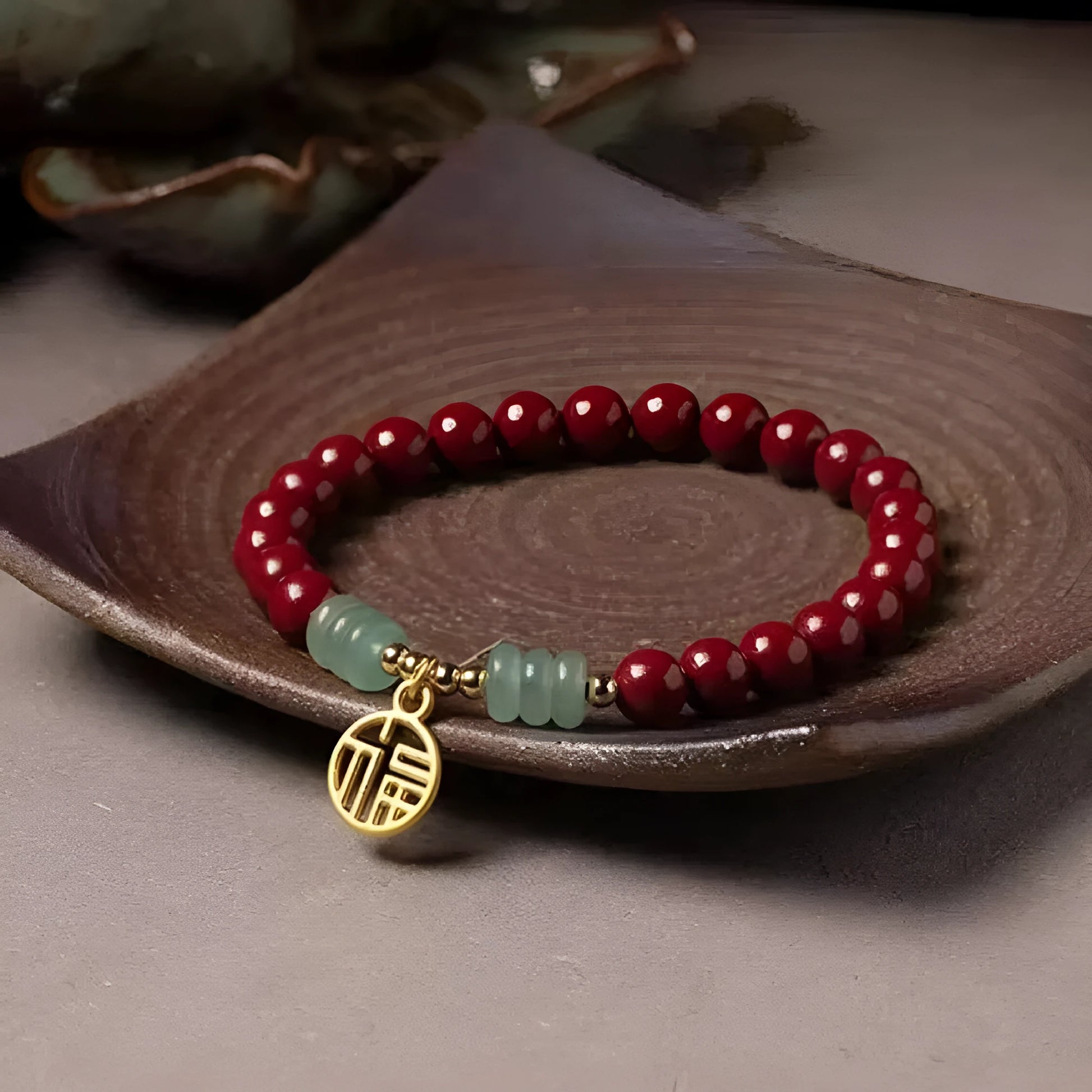 Handmade gold cinnabar wave bracelet with copper beads in national style design