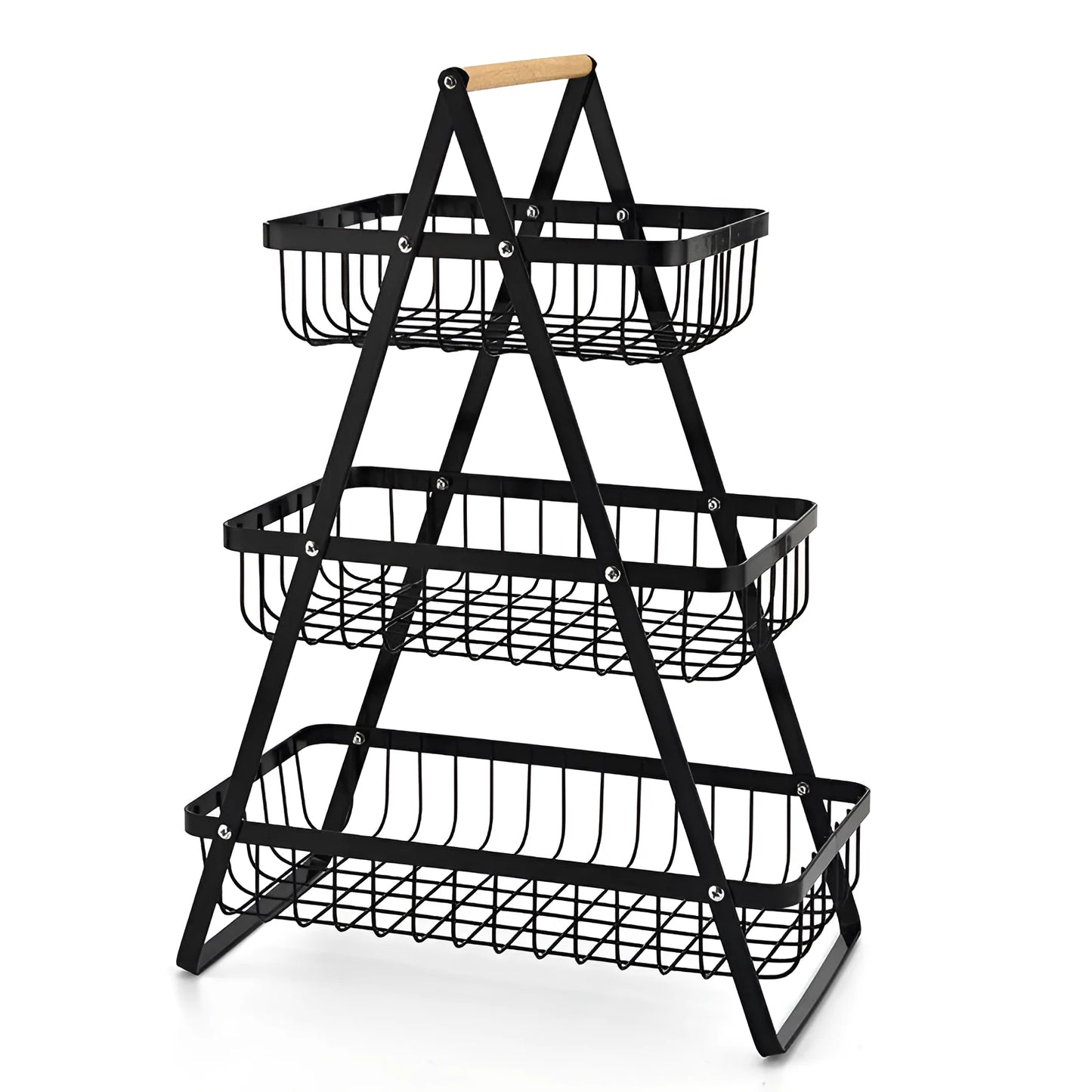 Black iron double-layer fruit basket with a wooden handle, shown detached and assembled.