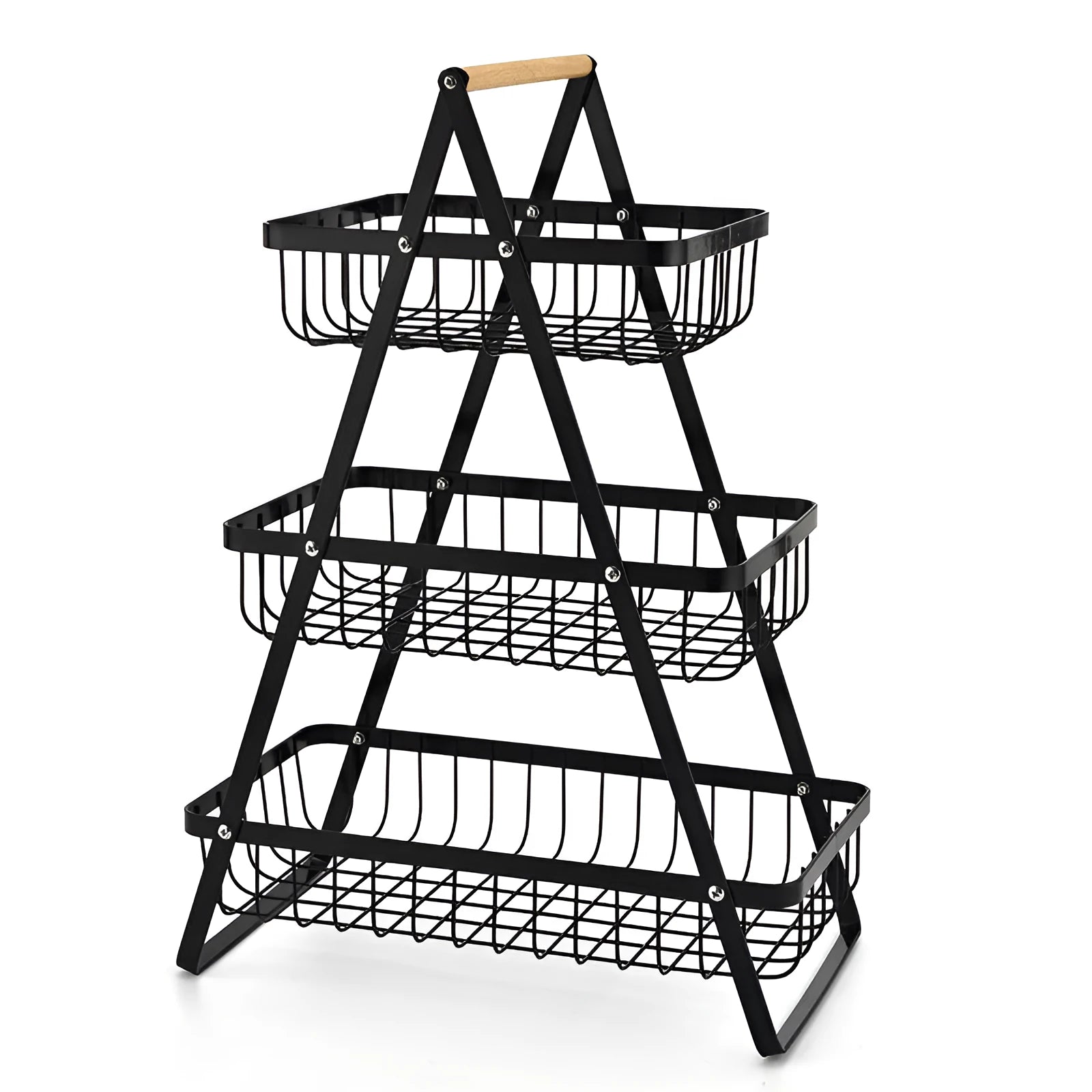 Black iron double-layer fruit basket with a wooden handle, shown detached and assembled.