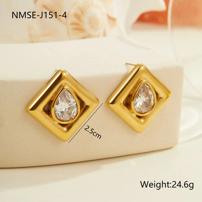 Gold geometric stud earrings with water drop zircon stones on stainless steel