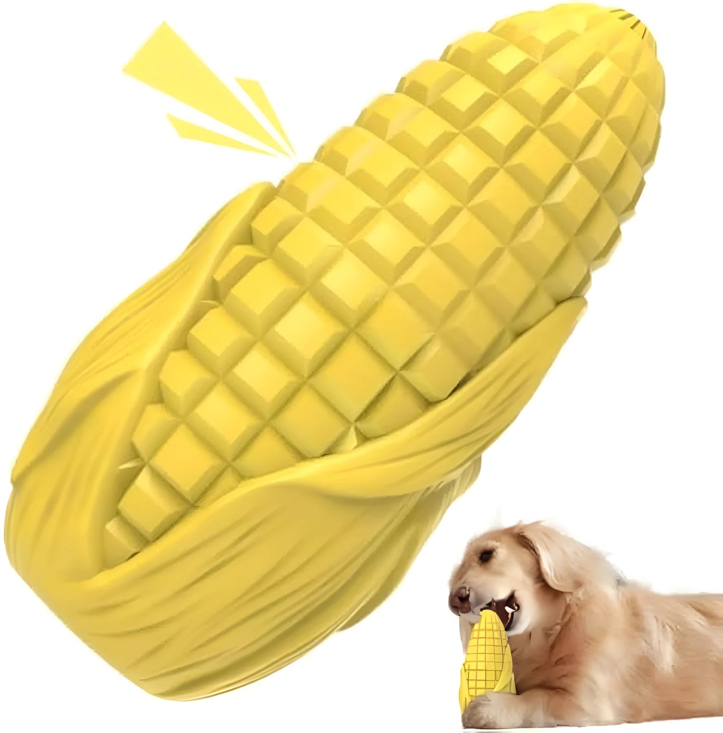 Blue and yellow corn-shaped dog chew toy with textured surface and squeaker for medium large breed dogs