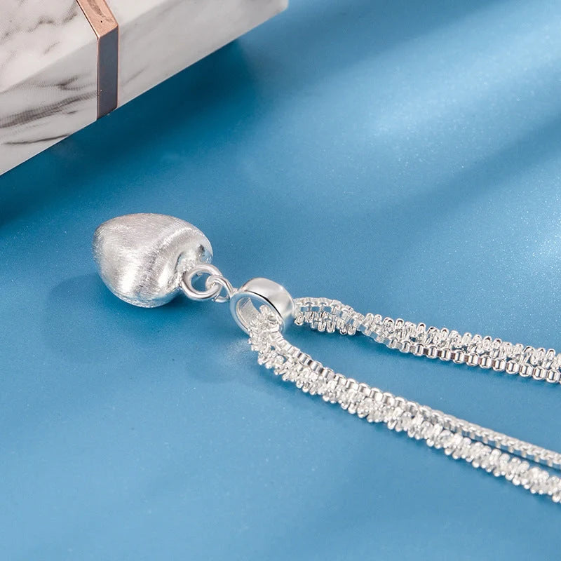 Double layer brushed heart pendant necklace for women with water wave chain