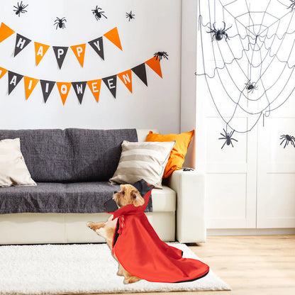 Red polyester Halloween cloak costume for a pet with an elastic neck closure.