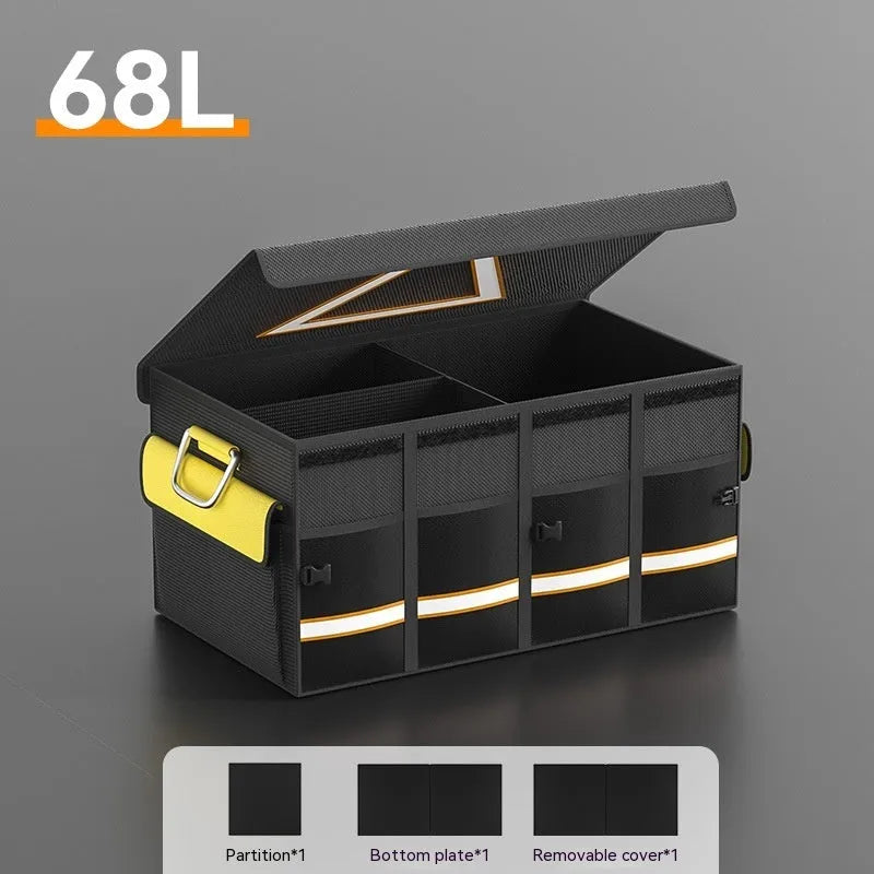 Black and yellow foldable car trunk storage bag with carrying handle in three size options.