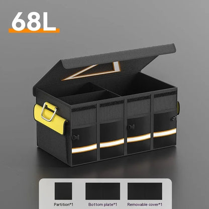 Black and yellow foldable car trunk storage bag with carrying handle in three size options.