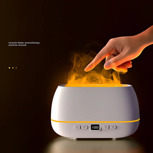 White 200ml USB flame humidifier with colour lights, remote, 226x127x87mm size for aromatherapy diffusion