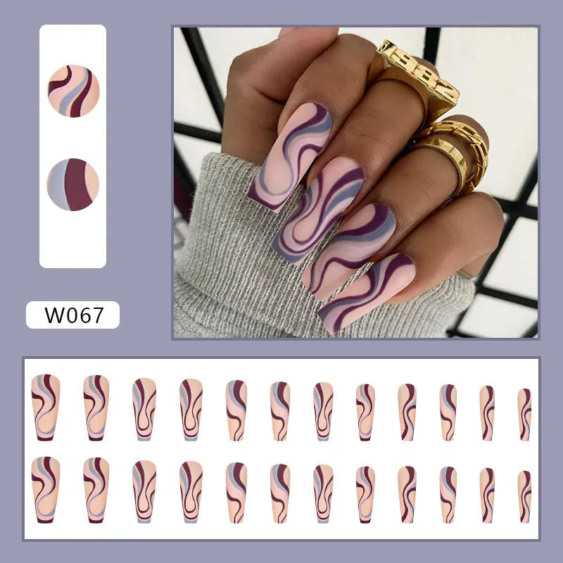 Ballet Wave Line Detachable Finished Product Nail Stickers in 96-piece set with jelly glue adhesive for easy DIY manicure application at home or salon, featuring W067 wave line design with glue back for secure placement