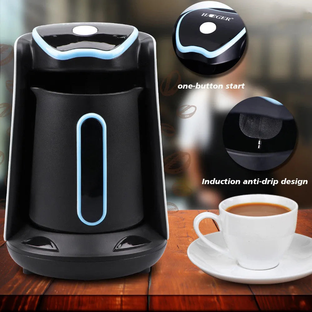 Portable coffee and tea maker in blue or purple, 600W mechanical operation, EU plug, with power cord and manual.