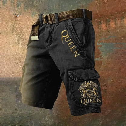 Man wearing grey 3D digitally printed polyester shorts with a zip fastening.
