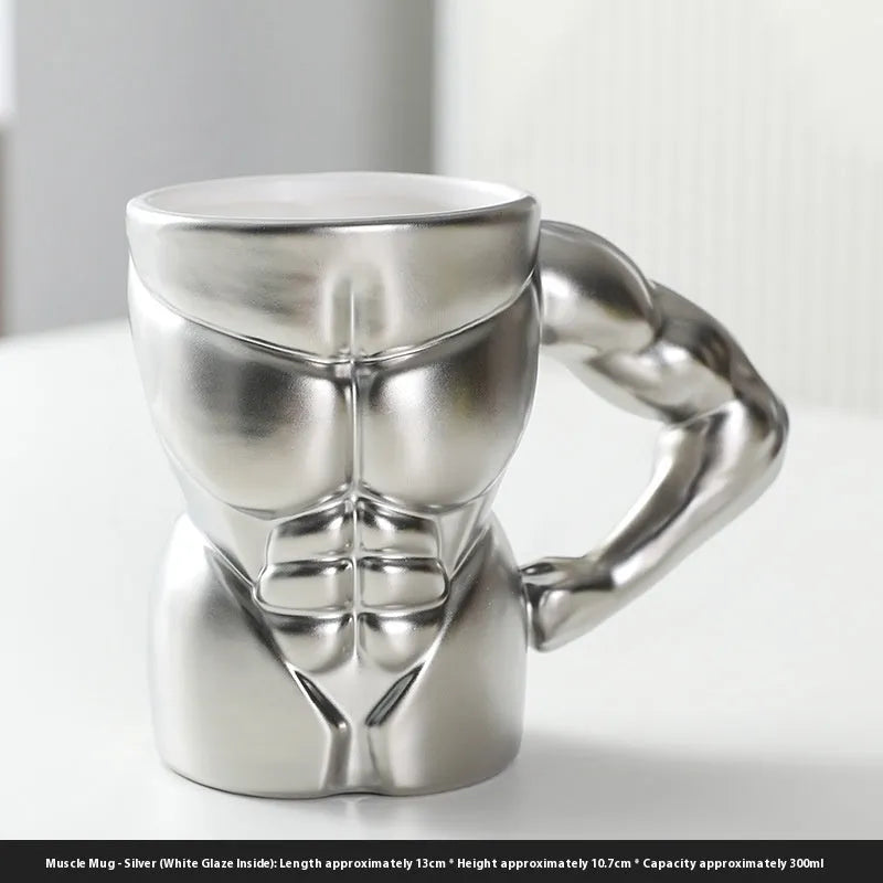 Men's ceramic mug with embossed muscular arm design in matte black finish, 300ml capacity