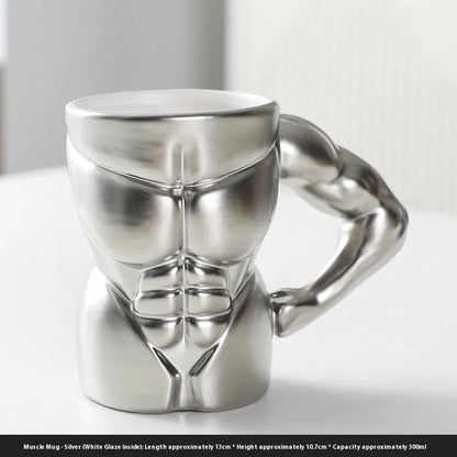 Men's ceramic mug with embossed muscular arm design in matte black finish, 300ml capacity