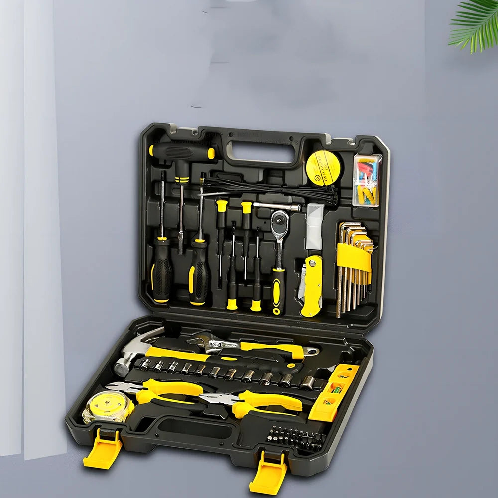 108-piece carbon steel toolbox set with wrenches, screwdrivers, pliers, and tape measure for household and car repairs