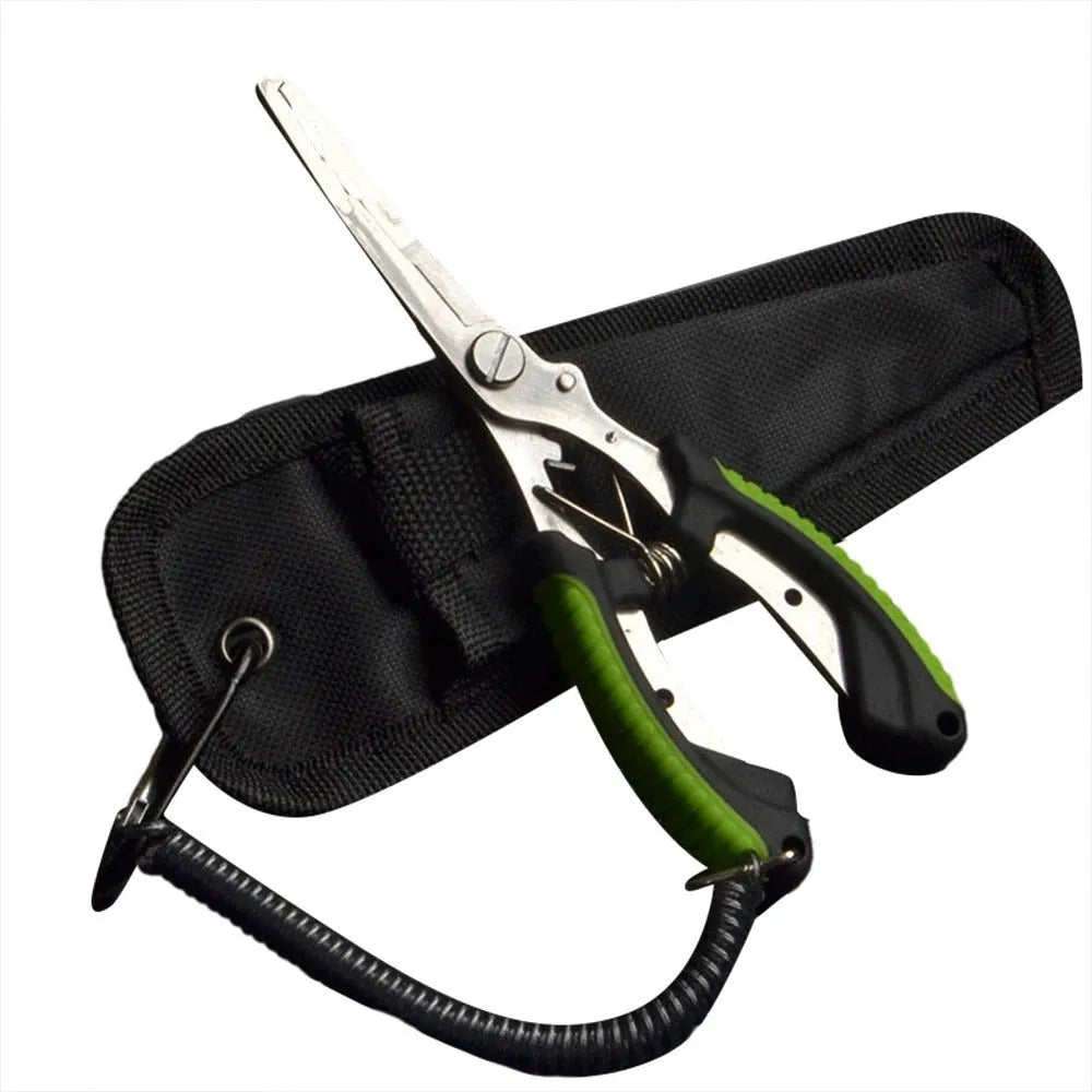 SS420 steel fishing pliers with ABS plastic handle in blue, green or red, shown with nylon bag and carrying strap
