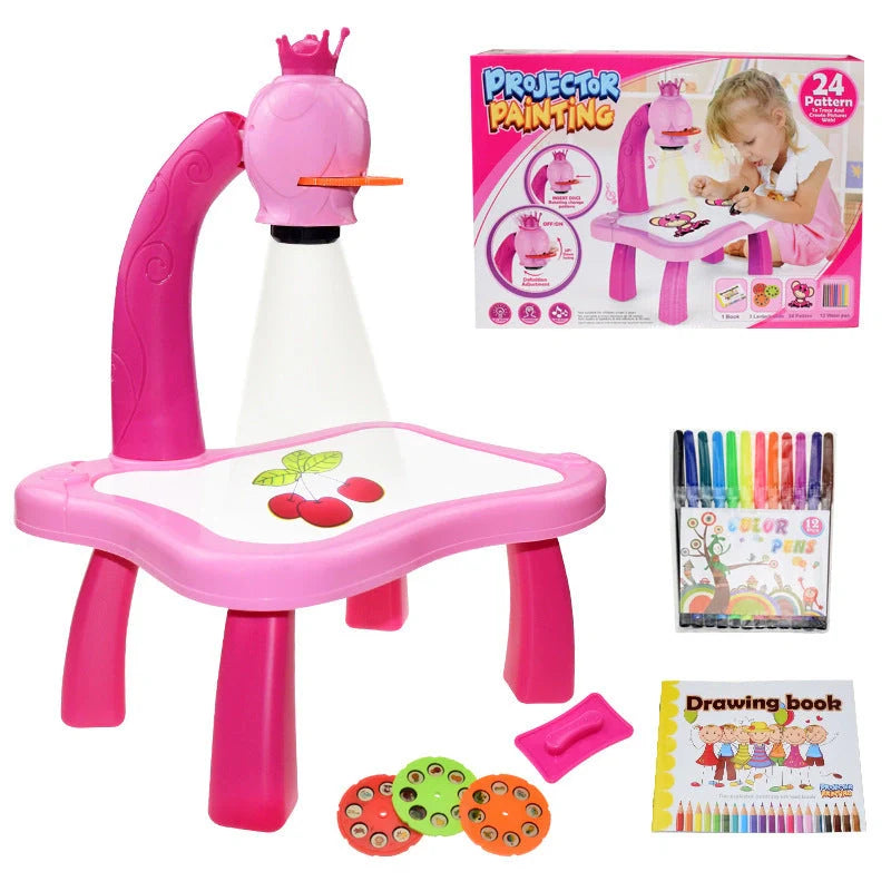 Children's magnetic drawing board with music and projection features in blue and pink