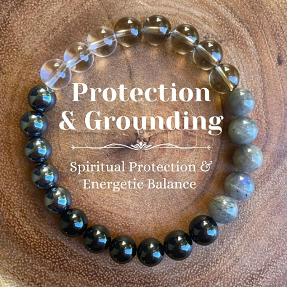 Adjustable natural crystal bracelet showing 15mm beads on elastic cord in blue colour variation