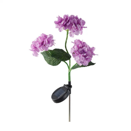 Solar powered hydrangea shaped garden floor light with rubber body in pink purple blue green or white